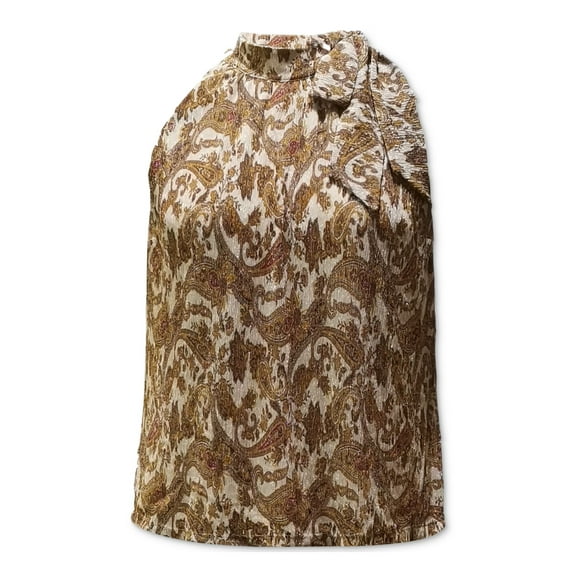 INC Womens Ivory Glitter Printed Sleeveless Tie Neck Top M