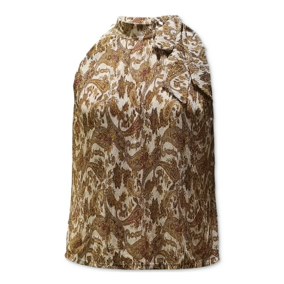 INC Womens Ivory Glitter Printed Sleeveless Tie Neck Top M