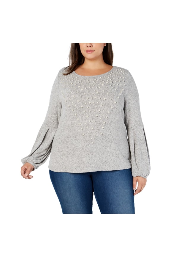 I.N.C Womens Pearl-Embellished Pullover Sweater, Grey, Plus Size, 1X