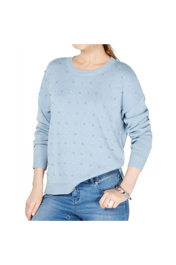 I.N.C Womens Pearl Rhinstone Knit Sweater, Blue, Small