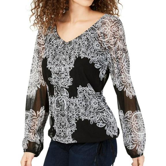 I.N.C Womens Placed-Lace Tie-Hem Peasant Blouse, Black, X-Small
