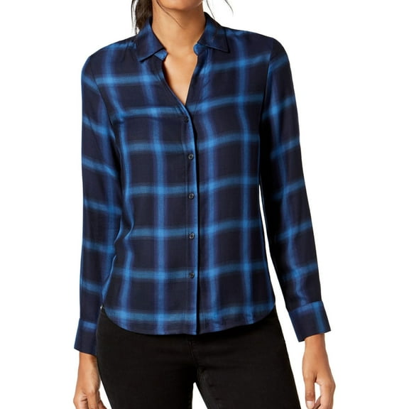 I-N-C Womens Plaid Button Up Shirt, Blue, X-Large