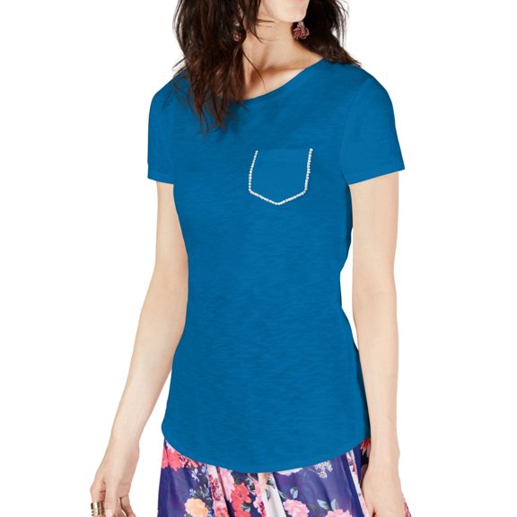 I.N.C Womens Pocket Embellished T-Shirt, Blue, X-Large