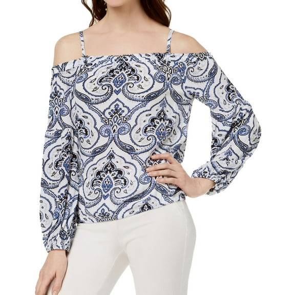I.N.C Womens Printed Cold Shoulder Blouse, Blue, XX-Large
