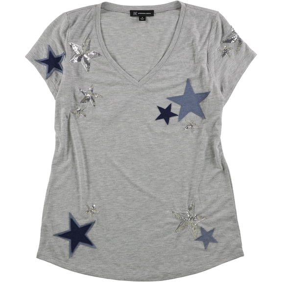 I-N-C Womens Printed Embellished T-Shirt, Grey, X-Small