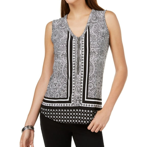 I.N.C Womens Printed Zip Neck Tank Top, Black, X-Large
