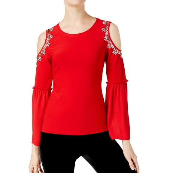 I.N.C Womens Rhinestone-Trim Knit Blouse, Red, XX-Large
