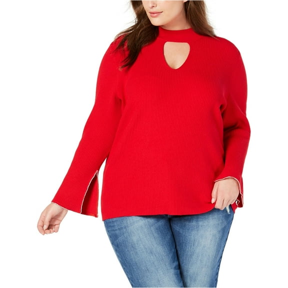 I-N-C Womens Rhinestone Trim Knit Sweater, Red, 1X