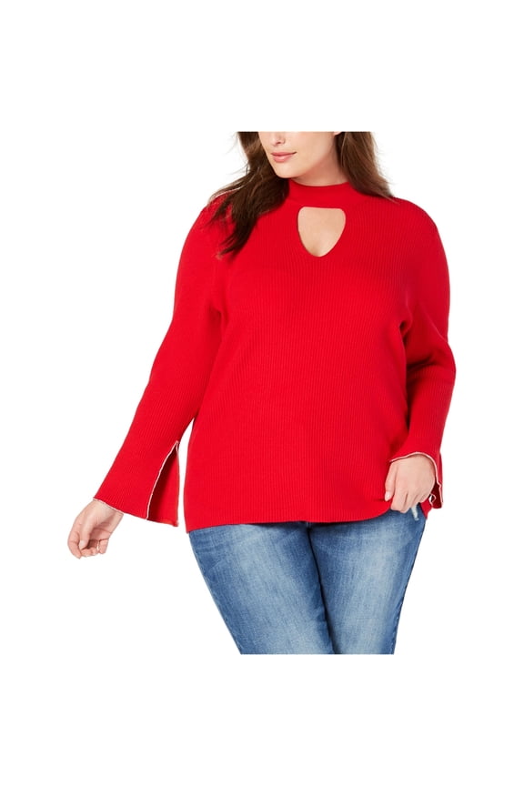 Womens Rhinestone Trim Knit Sweater, Red, 1X