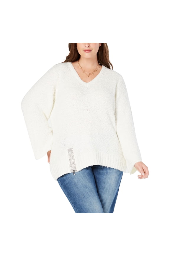 I-N-C Womens Rhinestone Zip Pullover Sweater, White, 1X