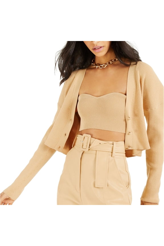 I-N-C Womens Ribbed Cardigan Sweater, Beige, Medium