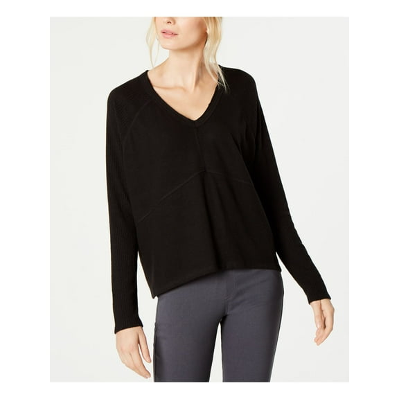 I.N.C Womens Ribbed Sleeve Knit Blouse, Black, Large