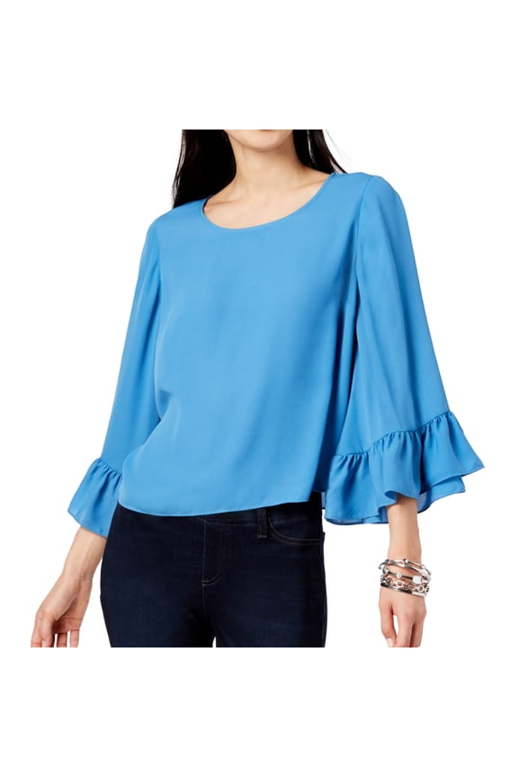 I.N.C Womens Ruffle-Sleeve Pullover Blouse, Blue, Medium