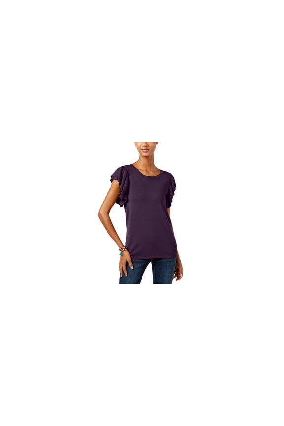 I.N.C Womens Ruffle-Sleeve Pullover Sweater, Purple, Petite, PL