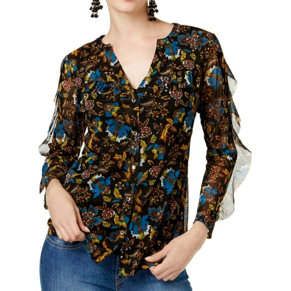 I-N-C Womens Ruffled Button Up Shirt, Black, X-Small