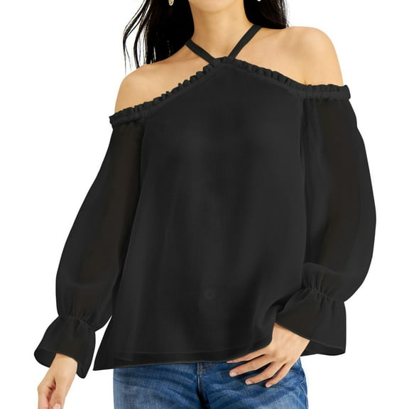 I.N.C Womens Ruffled Cold Shoulder Blouse, Black, X-Small