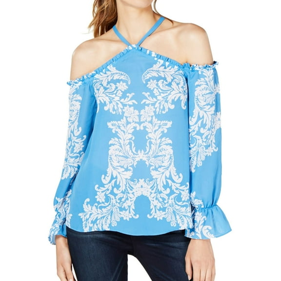 I.N.C Womens Ruffled Cold Shoulder Blouse, Blue, XX-Large