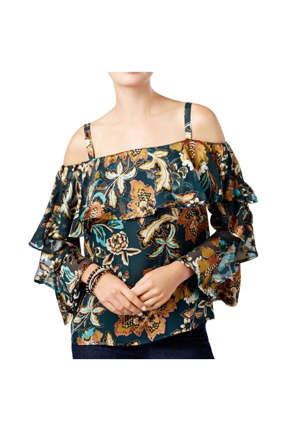 I.N.C Womens Ruffled Cold Shoulder Blouse, Green, Large