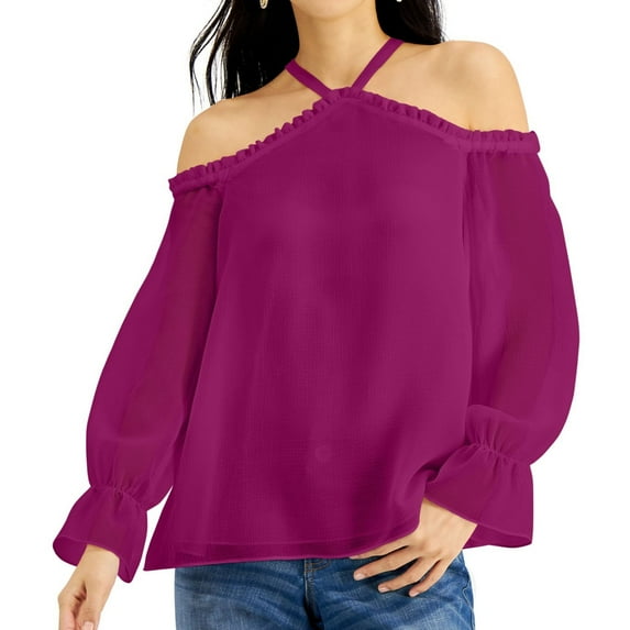I.N.C Womens Ruffled Cold Shoulder Blouse, Pink, Small