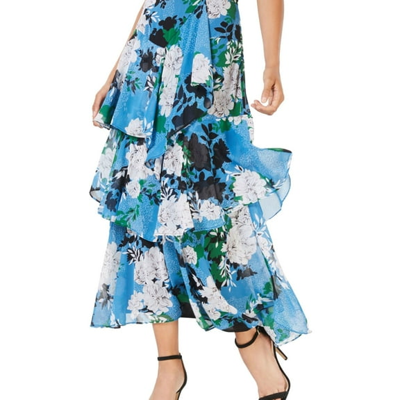 I.N.C Womens Ruffled Tiered Floral Maxi Skirt, Blue, 4