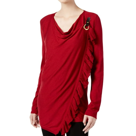 I.N.C Womens Ruffled Wrap Knit Sweater, Red, Large