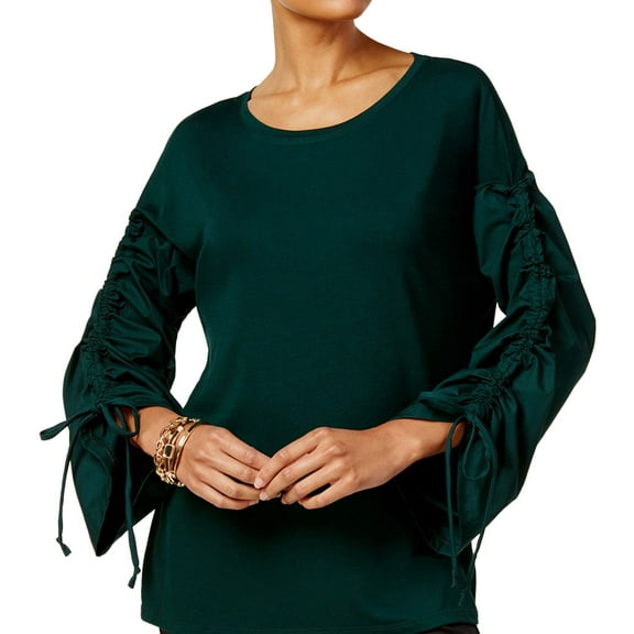 I.N.C Womens Runched Sleeve Knit Blouse, Green, Small