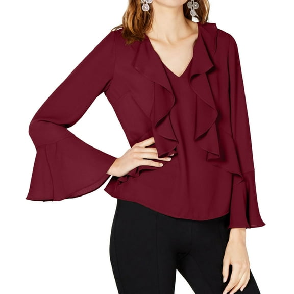 I.N.C Womens Sculpted Ruffle Pullover Blouse, Red, Large