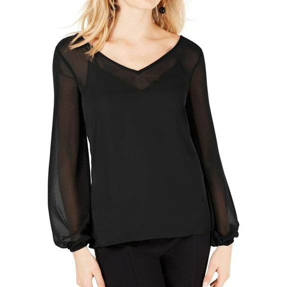 I.N.C Womens Sheer-Trim Knit Blouse, Black, Small