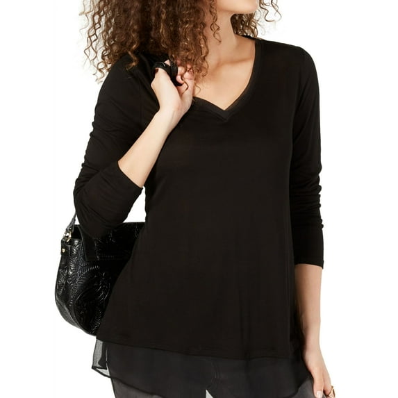 I.N.C Womens Sheer trim Basic T-Shirt, Black, X-Large