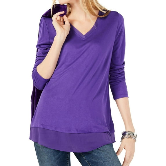 I.N.C Womens Sheer trim Basic T-Shirt, Purple, Small