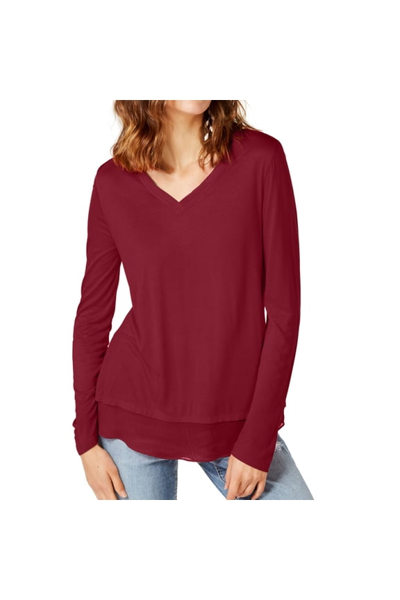 I.N.C Womens Sheer trim Basic T-Shirt, Red, Medium