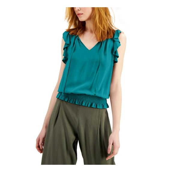 I.N.C Womens Smocked Ruffled Blouse, Green, Medium