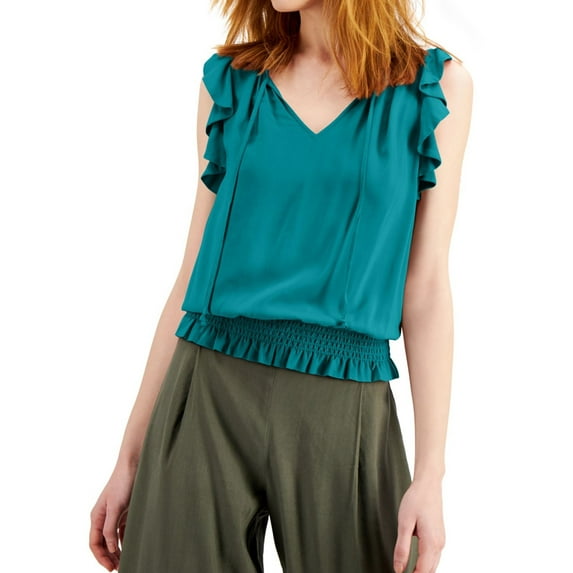 I.N.C Womens Smocked Ruffled Blouse, Green, Small