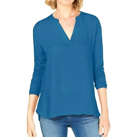 I.N.C Womens Split Neck Pullover Blouse, Blue, Petite, PM