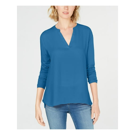 I.N.C Womens Split Neck Pullover Blouse, Blue, Small
