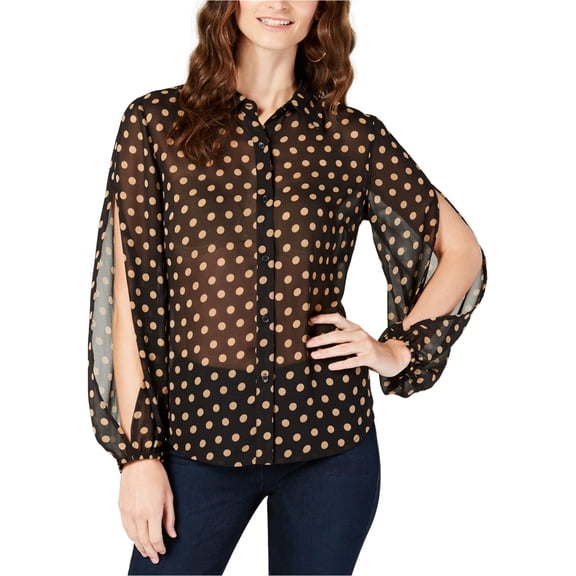 I.N.C Womens Split Sleeve Button Down Blouse, Black, Large