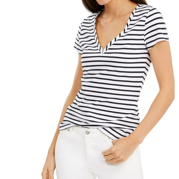I.N.C Womens Striped Basic T-Shirt, White, X-Large