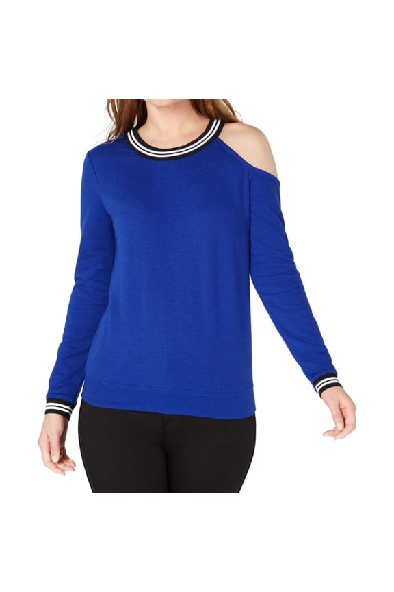 I.N.C Womens Striped Cold Shoulder Sweatshirt, Blue, Medium