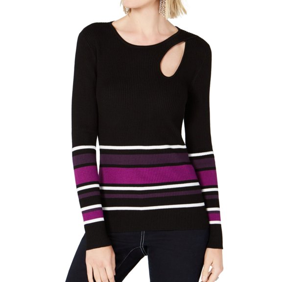 I-N-C Womens Striped Cutout Pullover Sweater, Black, Large
