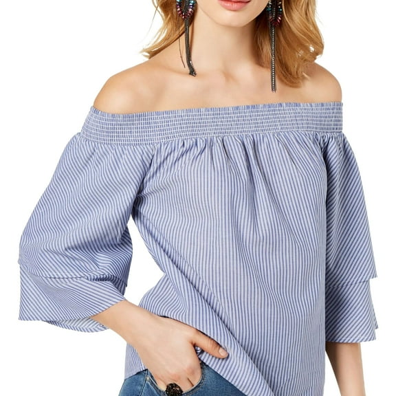 I.N.C Womens Striped Off the Shoulder Blouse, Blue, Small
