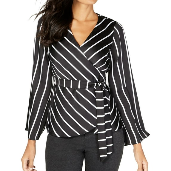 I.N.C Womens Striped Wrap Blouse, Black, XX-Large