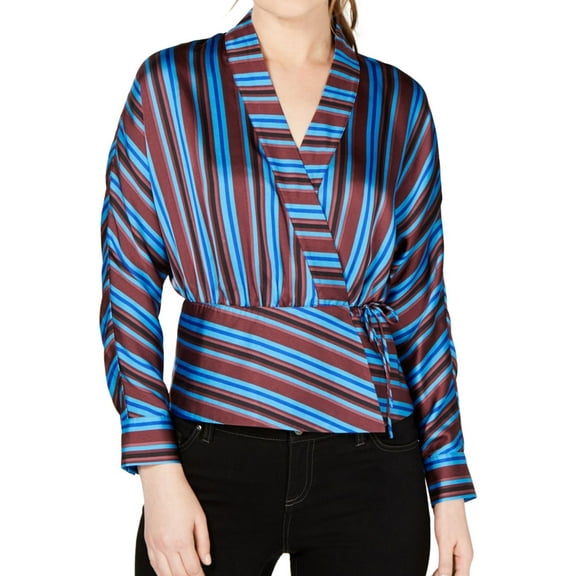 I.N.C Womens Striped Wrap Blouse, Blue, Large
