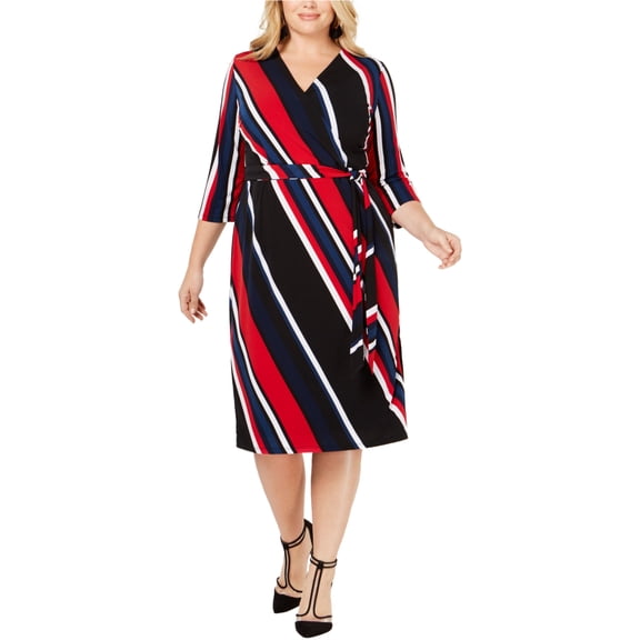 I.N.C Womens Striped Wrap Dress, Black, Plus Size, 1X