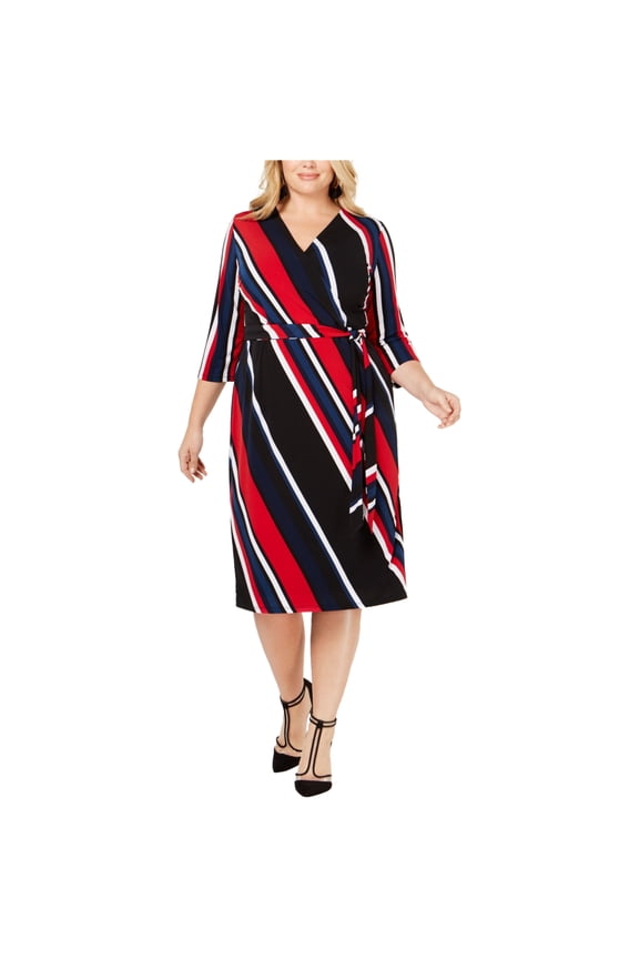 I.N.C Womens Striped Wrap Dress, Black, Plus Size, 1X