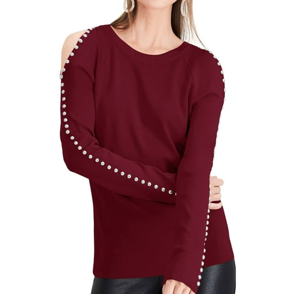 I.N.C Womens Studded Cold Shoulder Blouse, Red, Medium