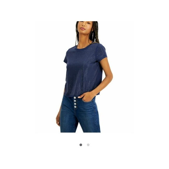 INC Womens Navy Embellished Rhinestone Short Sleeve Crew Neck T-Shirt S