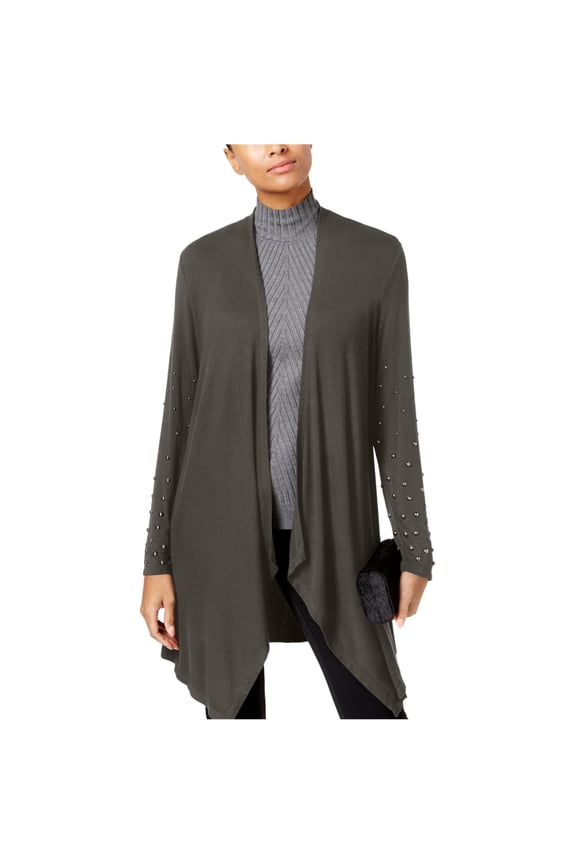 I.N.C Womens Studded-Sleeve Cardigan Sweater, Grey, X-Small