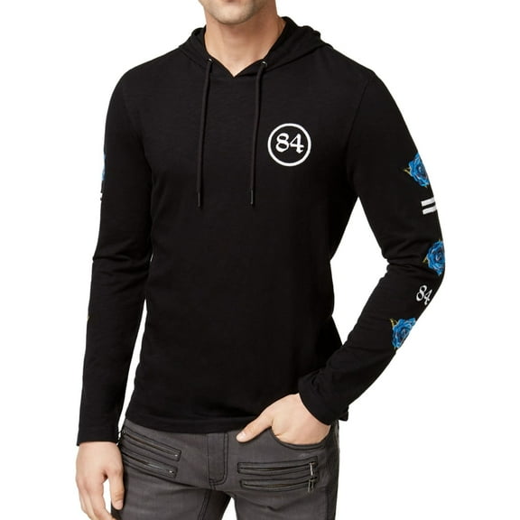 I.N.C Womens Textured Embroidered Hoodie Sweatshirt, Black, X-Small