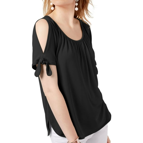 I.N.C Womens Tie Sleeve Cold Shoulder Blouse, Black, Small