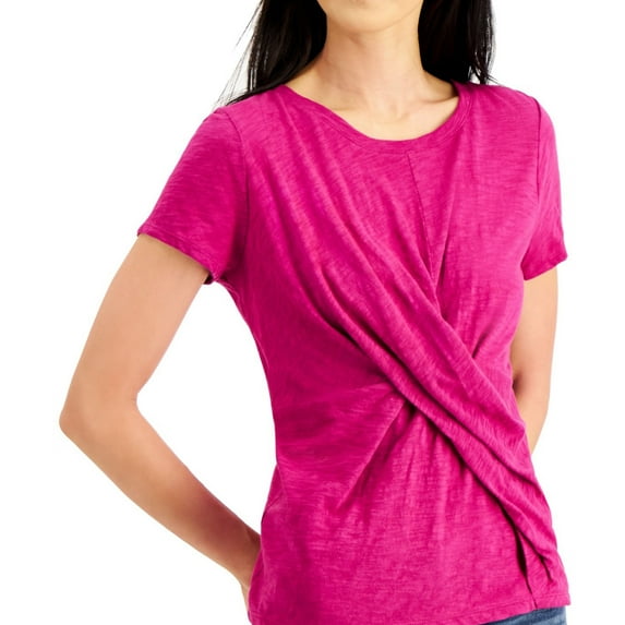 I.N.C Womens Twist-Front Embellished T-Shirt, Pink, Large